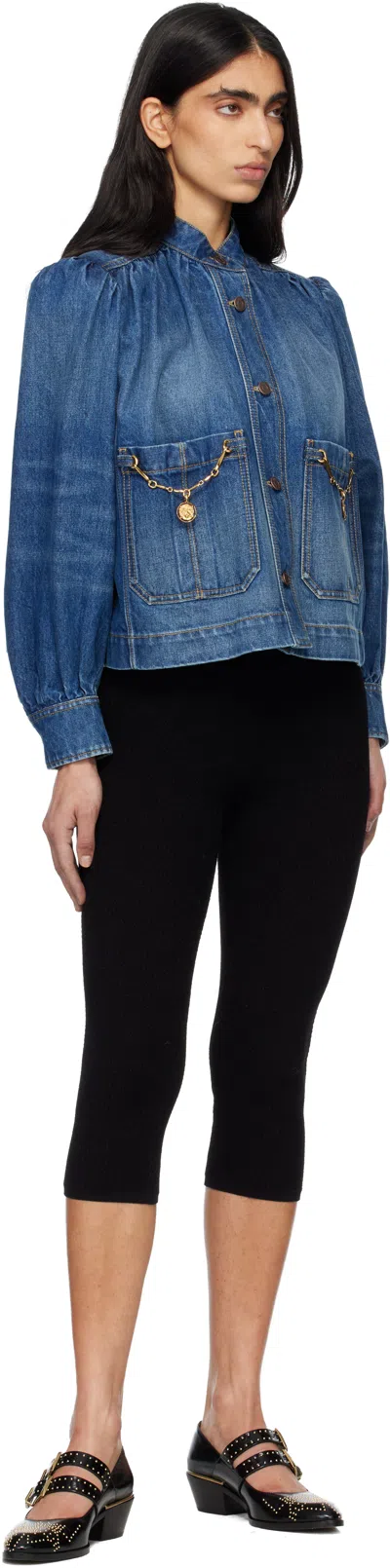 Chloé Blue Jacket With High Neck And Chain Detail On The Front In Denim Woman