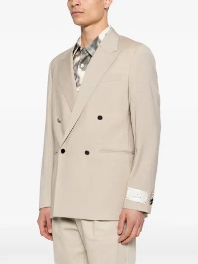 Manuel Ritz Beige Stretch Wool Double-breasted Blazer In Neutral