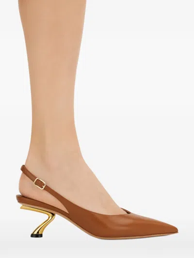 Ferragamo S-shaped Heel Slingback In Brown