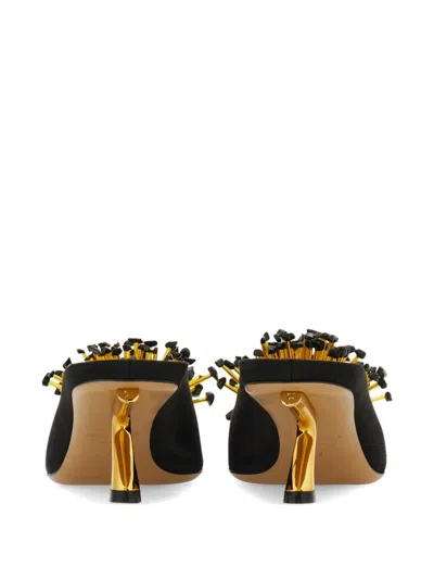 Ferragamo Black Sandals With Low Heel And Crystal Embellishment On The Front In Fabric Woman