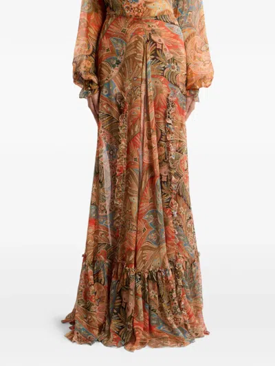 Etro Paisley Print Ruffle Silk Chiffon Maxi Skirt In Multi