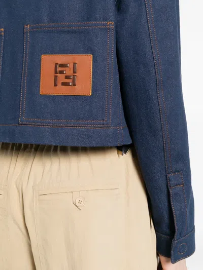 Fendi Denim Jacket With Front Embroidered Logo In Blue