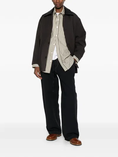 Studio Nicholson Leather-collar Coat In Brown