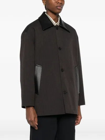 Studio Nicholson Leather-collar Coat In Brown