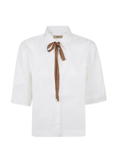 Herno Boxy White Poplin Shirt With Grosgrain Ribbon Tie In Black