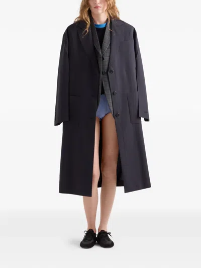 Prada Single-breasted Light Wool Coat In Blue