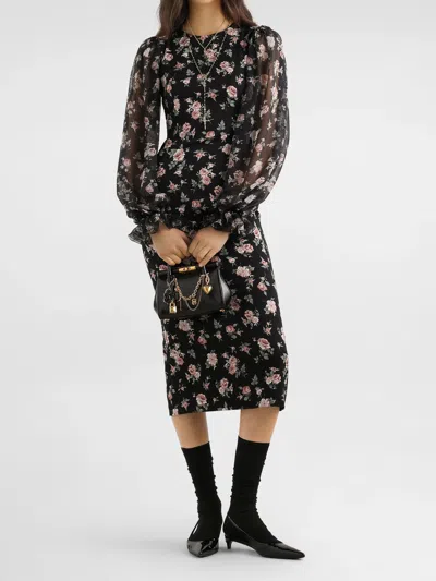 Dolce & Gabbana Women Black Dress With Round Neckline And All-over Floral Motif In Silk Blend Woman