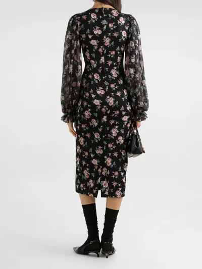 Dolce & Gabbana Women Black Dress With Round Neckline And All-over Floral Motif In Silk Blend Woman