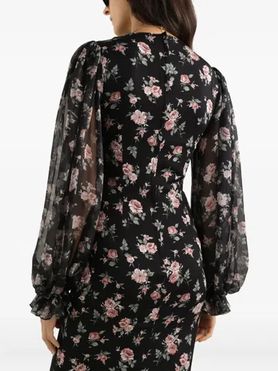 Dolce & Gabbana Women Black Dress With Round Neckline And All-over Floral Motif In Silk Blend Woman