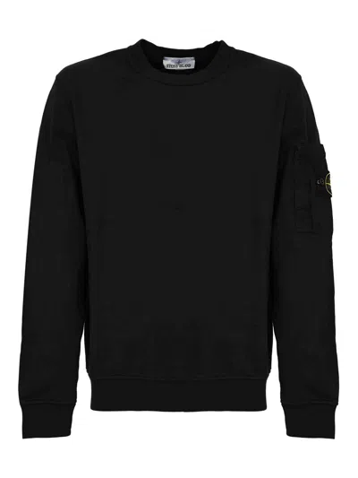 Stone Island Crewneck Sweatshirt With Ribbed Detailing And Logo Patch In Black