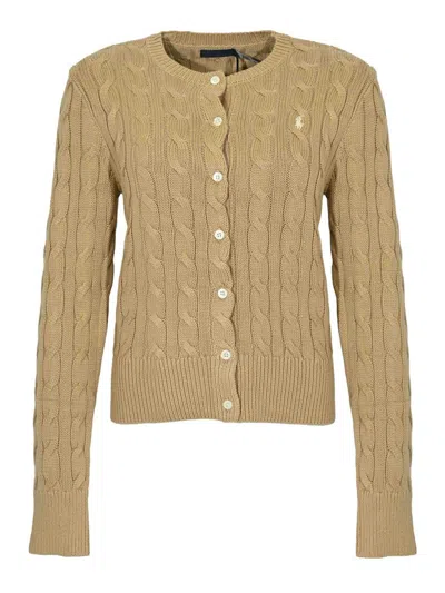 Polo Ralph Lauren Cotton Cable Long Sleeve Cardigan Vintage Khaki In Brown