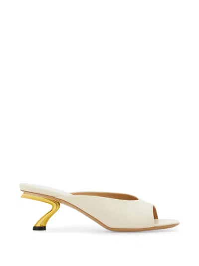 Ferragamo Ivory Leather Igea Mules In Metallic