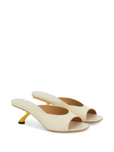 Ferragamo Ivory Leather Igea Mules In Metallic
