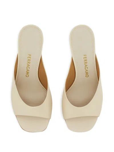 Ferragamo Ivory Leather Igea Mules In Metallic