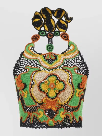 Etro Cotton Crop Top With Crochet-effect Floral Pattern In Multi