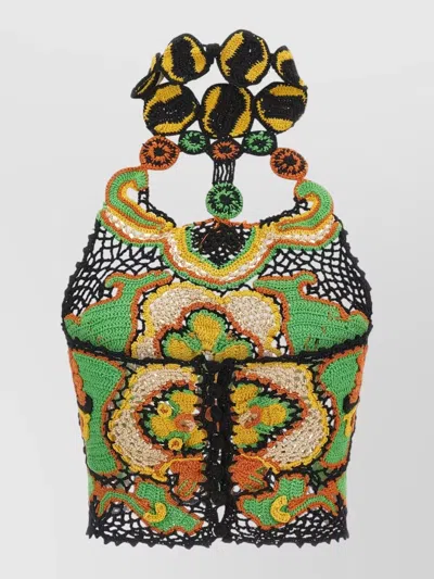 Etro Cotton Crop Top With Crochet-effect Floral Pattern In Multi