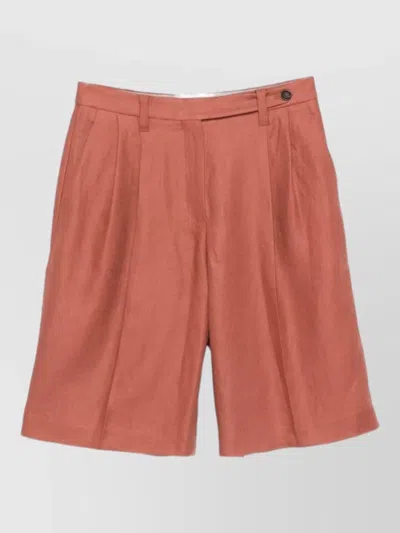 Brunello Cucinelli Linen Shorts Pleated Design Belt Loops Pockets In Red
