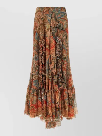 Etro Paisley Print Ruffle Silk Chiffon Maxi Skirt In Multi