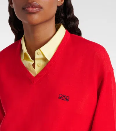 Loewe Asymmetric Draped Embroidered Wool-blend Sweater In Red