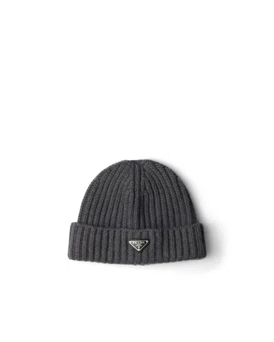 Prada Logo-plaque Beanie Hat In Gray