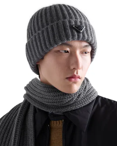 Prada Logo-plaque Beanie Hat In Gray