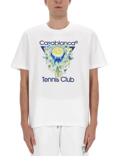 Casablanca Men White Crewneck T-shirt With Logo Print On The Front In Cotton Man