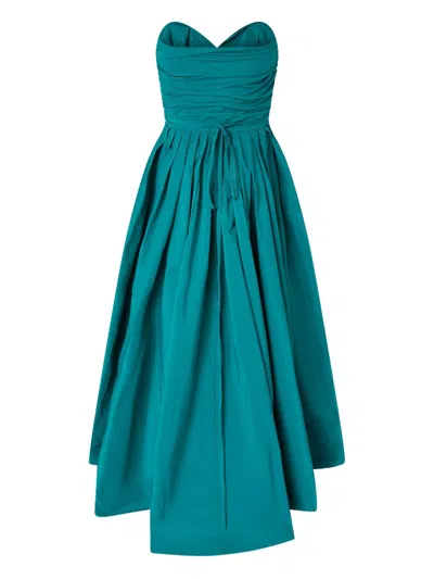 Pinko Dattero Dress Strapless Ruched Bodice Pleated Skirt In Green