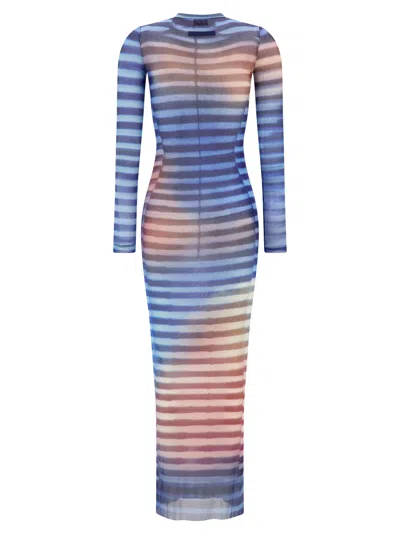 Jean Paul Gaultier Long Mesh Dress With Air Print And Crew Neck In Blue