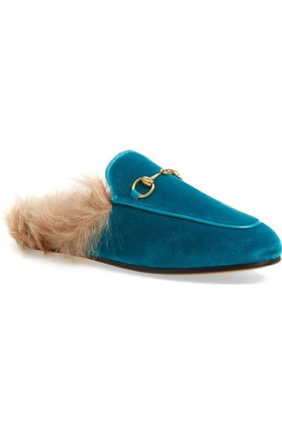 Gucci 'princetown' Genuine Shearling Mule Loafer In Turquoise Suede
