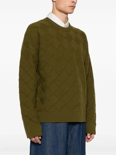 Bottega Veneta Olive Green Pullover With Intreccio Pattern In Multi