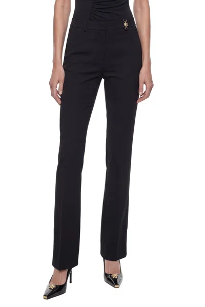 Versace Black Flared Tailored Low Waisted Pants In Stretch Wool Woman