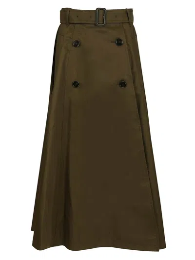 Burberry Women Juniper Green Gabardine Midi Trench Skirt In Brown