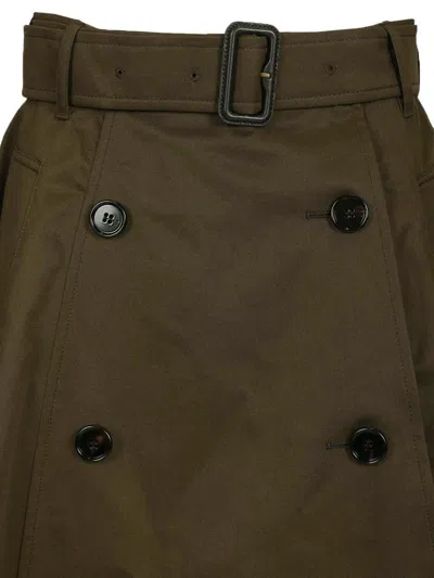 Burberry Women Juniper Green Gabardine Midi Trench Skirt In Brown