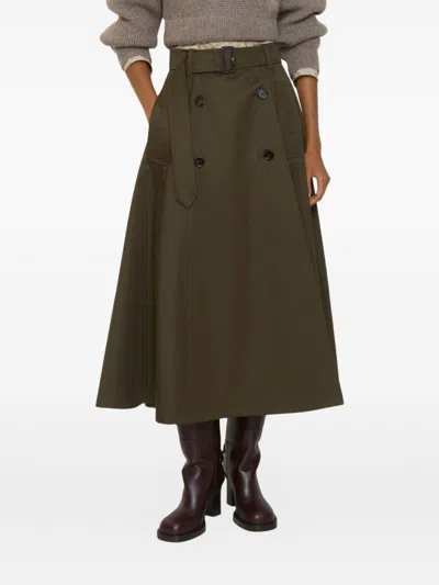 Burberry Women Juniper Green Gabardine Midi Trench Skirt In Brown