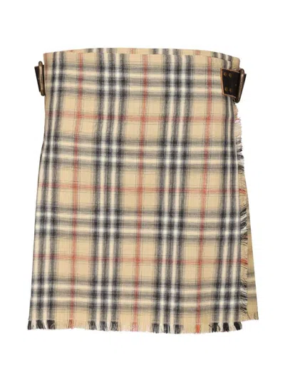 Burberry Women Beige Skirt With Adjustable Belt And All-over Check Motif In Wool Woman In Brown