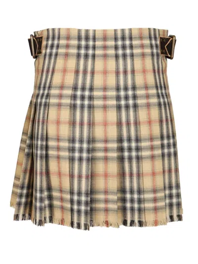 Burberry Women Beige Skirt With Adjustable Belt And All-over Check Motif In Wool Woman In Brown