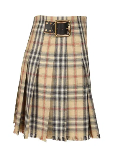 Burberry Women Beige Skirt With Adjustable Belt And All-over Check Motif In Wool Woman In Brown
