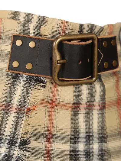 Burberry Women Beige Skirt With Adjustable Belt And All-over Check Motif In Wool Woman In Brown