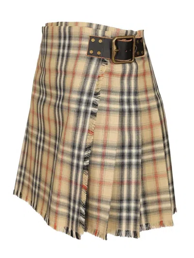 Burberry Women Beige Skirt With Adjustable Belt And All-over Check Motif In Wool Woman In Brown