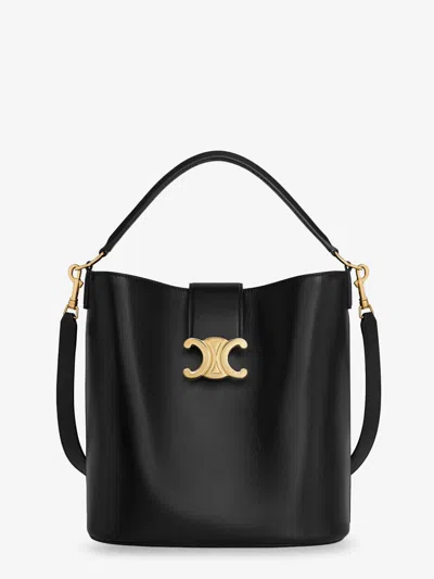 Celine Women Louise Medium Bucket Bag With Metal Triomphe Logo In Black