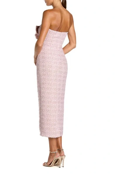 Mac Duggal Boucle Strapless Midi Dress With 3d Flower In Pink