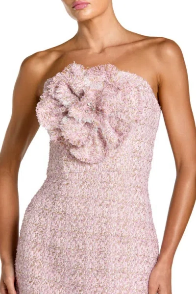 Mac Duggal Boucle Strapless Midi Dress With 3d Flower In Pink