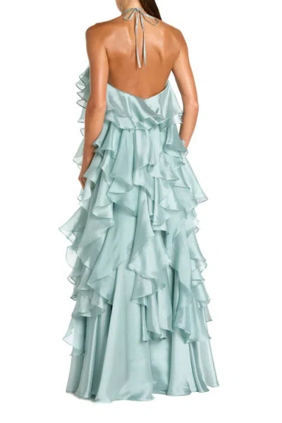 Mac Duggal Organza Halter Neck Open Back Ruffle Gown In Green