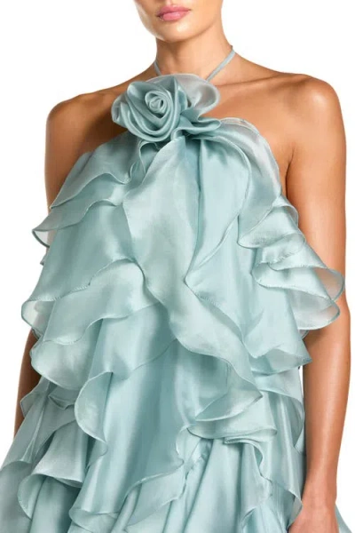 Mac Duggal Organza Halter Neck Open Back Ruffle Gown In Green