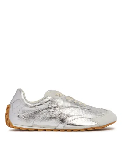 Bottega Veneta Orbit Flash Suede-trimmed Metallic Leather Sneakers In Silver