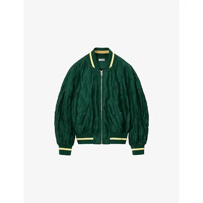 Loewe Womens Dark Green Crinkled-texture Striped-trim Woven Bomber Jacket In Gray