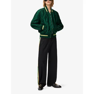 Loewe Womens Dark Green Crinkled-texture Striped-trim Woven Bomber Jacket In Gray