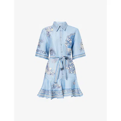 Alemais Villa Romantica Blue Mini Dress With Front Blet And All-over Floral Motif In Linen Blend Woman
