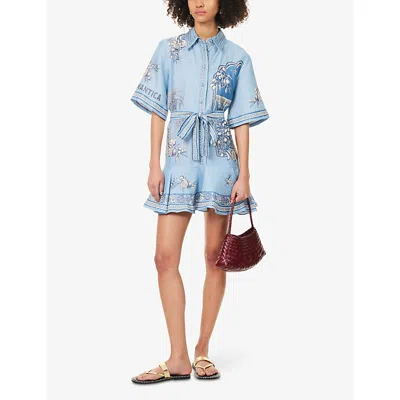 Alemais Villa Romantica Blue Mini Dress With Front Blet And All-over Floral Motif In Linen Blend Woman