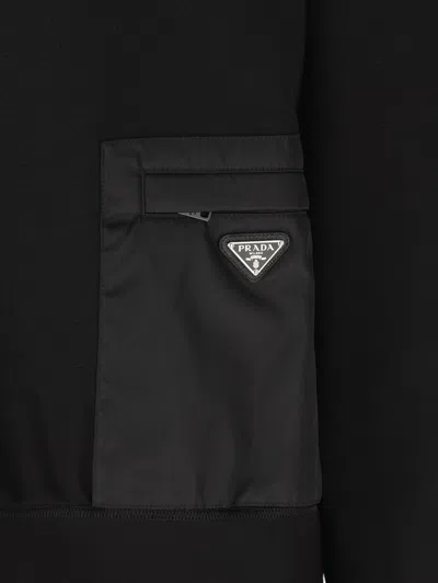 Prada Stretch Viscose-polyamide T-shirt Sweatshirt With External Pocket And Calf Leather Detail In Black